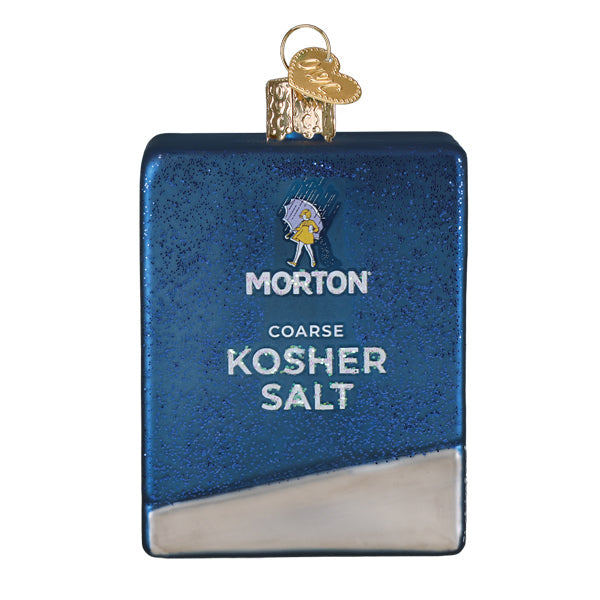 Blue glittery glass morton kosher salt box ornament with silver base and gold loop figural decor and lighted decor