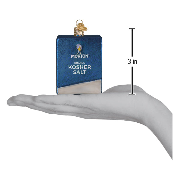 Blue glass morton kosher salt box ornament with silver glitter rain and white text for figural decor or lighted decor