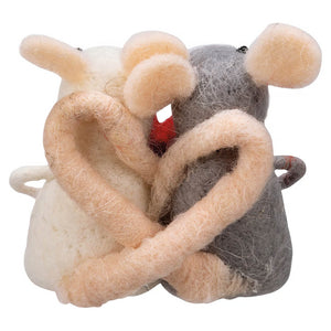 Two needle-felted mice mouse couple critter ornament white and gray forming valentine’s day figural decor heart shape