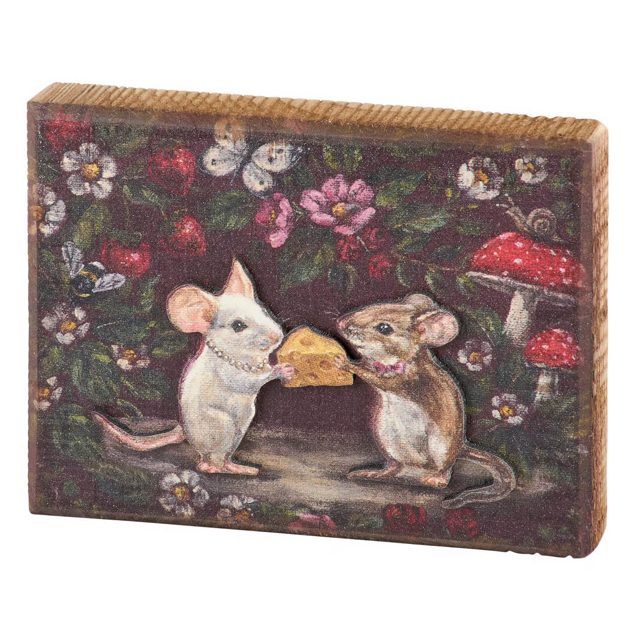 Wooden rectangular block sign with a painted mouse love scene of two mice sharing cheese among flowers and mushrooms