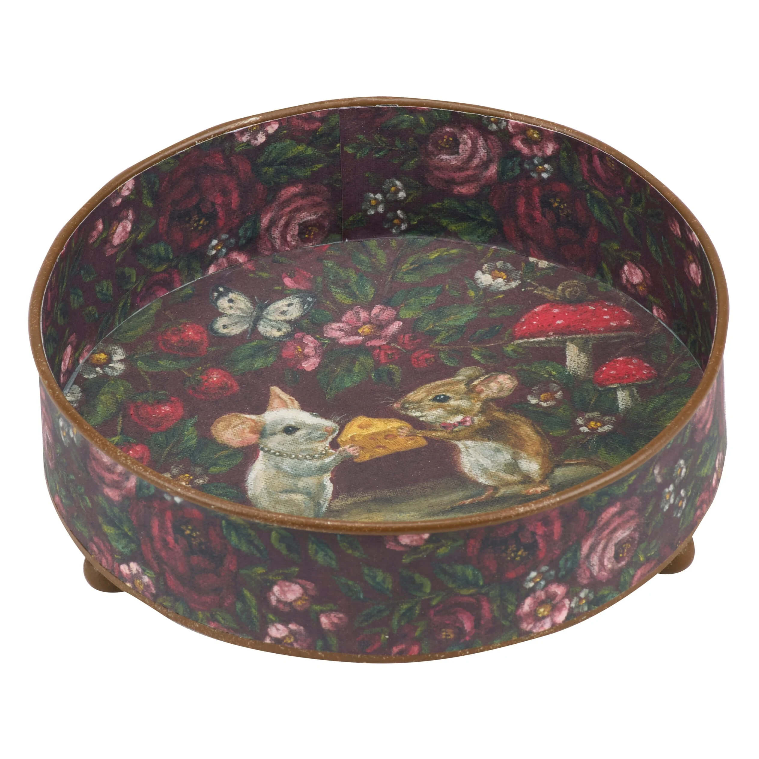 Mouse love footed vanity tray with dark floral pattern featuring two mice sharing cheese and surrounded by mushrooms and butterflies