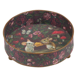 Mouse love footed vanity tray with dark floral pattern featuring two mice sharing cheese and surrounded by mushrooms and butterflies