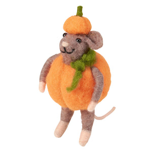 A charming needle-felted mouse critter ornament in a bright orange pumpkin costume with gray fur and green scarf