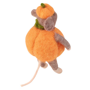 A plush needle-felted mouse critter ornament dressed in an orange pumpkin costume with a green stem hat and scarf