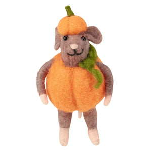 A charming needle-felted mouse critter ornament dressed in an orange pumpkin costume with a green stem and scarf
