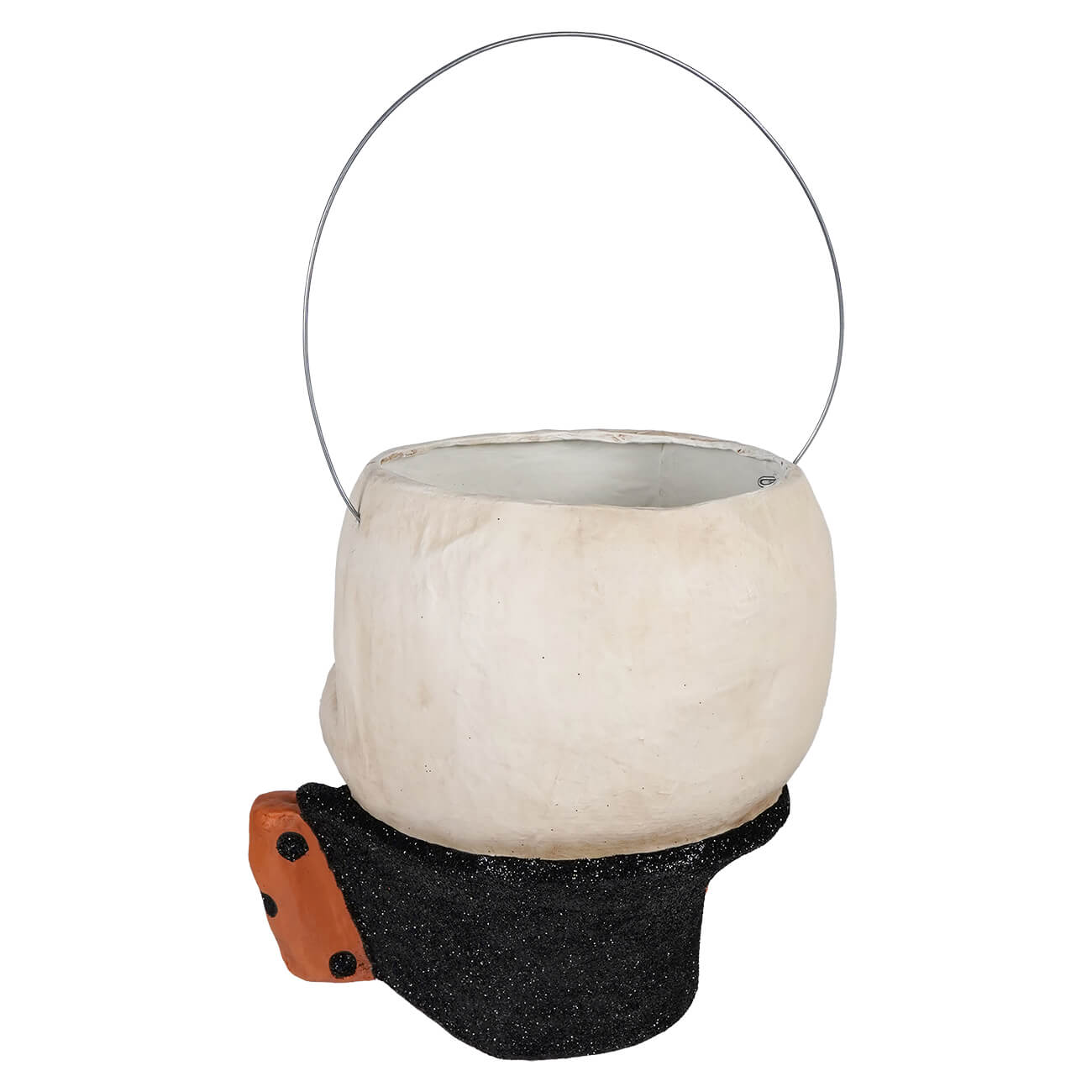 Off-white textured pumpkin-shaped albert skully bucket with silver wire handle and black glittery base for halloween candy
