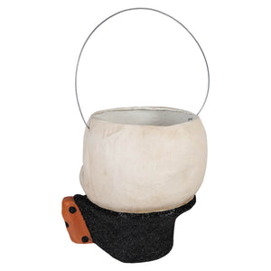 Off-white textured pumpkin-shaped albert skully bucket with silver wire handle and black glittery base for halloween candy