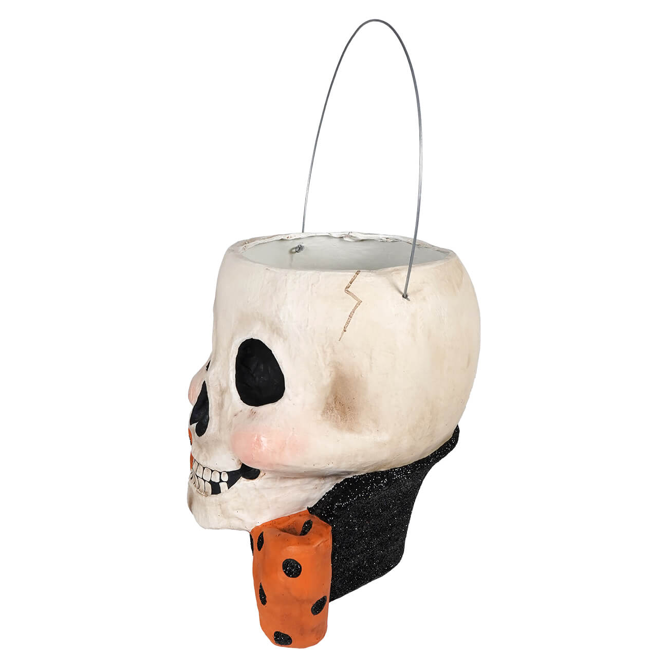 White skull-shaped albert skully bucket with black eye sockets glittery collar and orange polka-dot candy holder for halloween