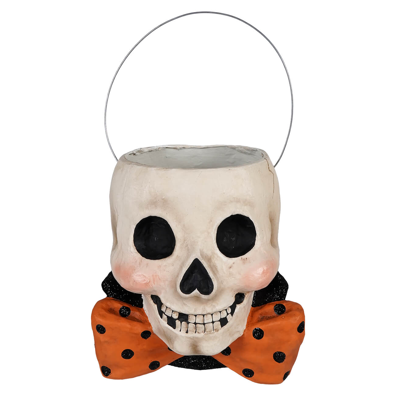 Mr albert skully bucket halloween candy bucket shaped like a white skull with an orange polka dot bow tie by bethany lowe halloween buckets