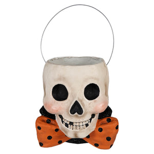 Mr albert skully bucket halloween candy bucket shaped like a white skull with an orange polka dot bow tie by bethany lowe halloween buckets