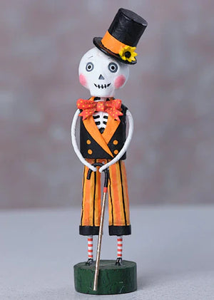 Mr bojangles lori mitchell halloween skeleton figure wearing black top hat with sunflower and colorful polka dot suit
