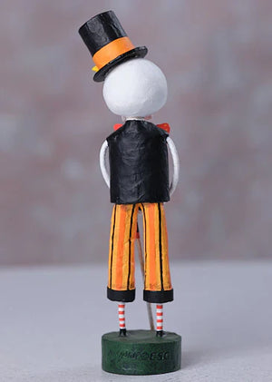 Whimsical lori mitchell halloween skeleton figure mr bojangles hand carved wood with black top hat and orange striped pants