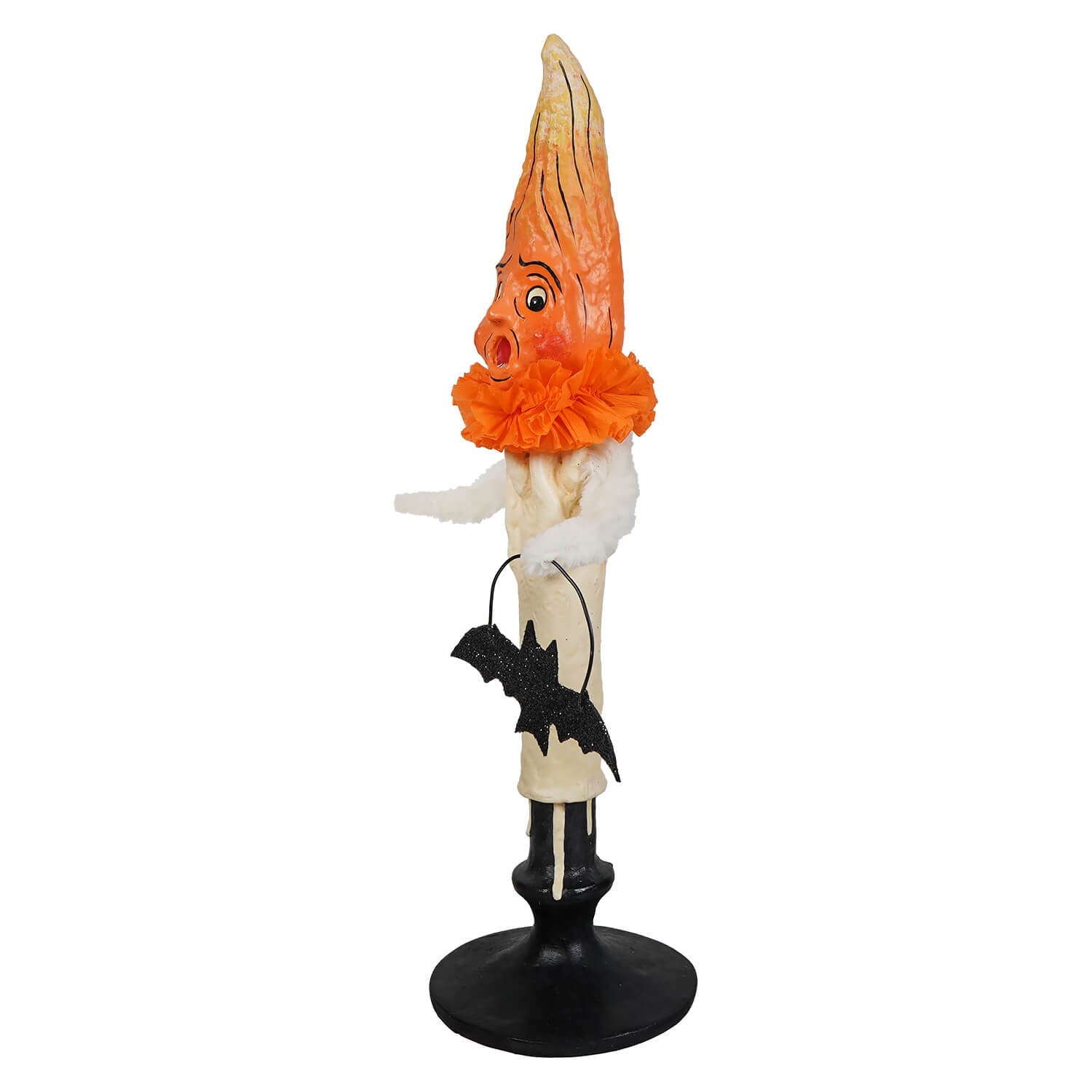 Orange and white halloween candle figurine mr flame with smiling face ruffled collar and black bat bethany lowe halloween