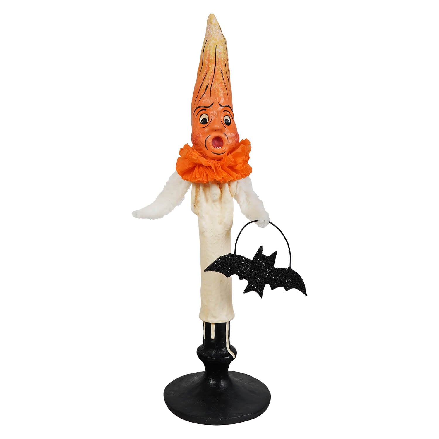 Mr flame orange and white halloween candle figurine with surprised face and black glitter bat basket by bethany lowe halloween