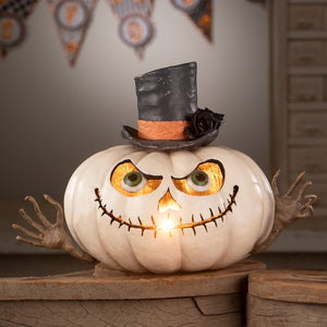 Mr gourdy pumpkin white halloween pumpkin lantern with glowing green eyes stitched mouth and black top hat with orange band