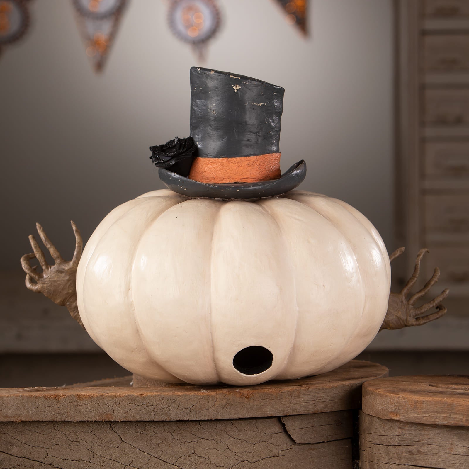 Mr Gourdy pumpkin figurine in cream with black top hat and textured brown hands perfect for Halloween pumpkins and gourds