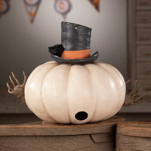 Mr Gourdy pumpkin figurine in cream with black top hat and textured brown hands perfect for Halloween pumpkins and gourds