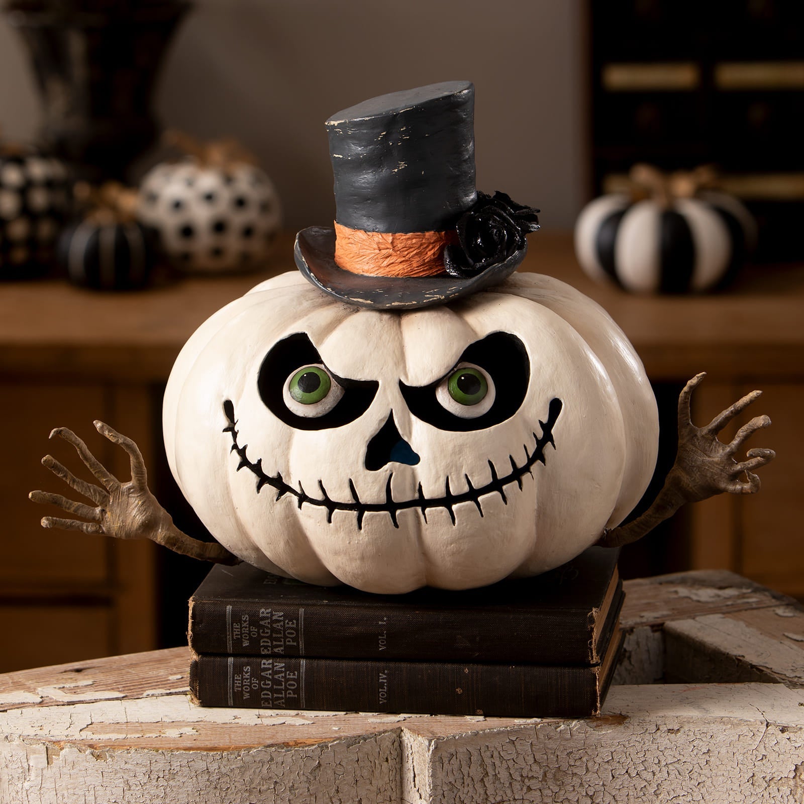 Mr gourdy pumpkin white halloween pumpkin figurine with green eyes black stitched mouth and top hat with orange ribbon