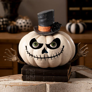 Mr gourdy pumpkin white halloween pumpkin figurine with green eyes black stitched mouth and top hat with orange ribbon