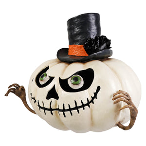 Mr gourdy pumpkin is a white halloween pumpkin with a skull face, green eyes, black stitched mouth, and a black top hat