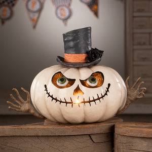 Mr gourdy white pumpkin lantern with glowing green eyes stitched mouth and black top hat for halloween pumpkins and gourds