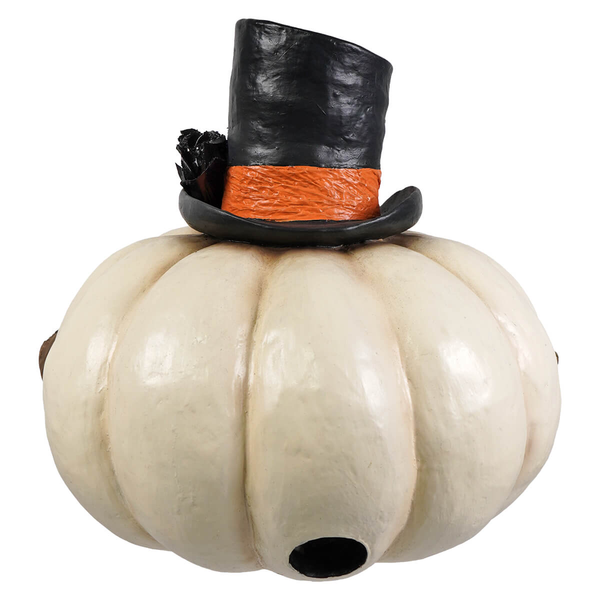 A white pumpkin-shaped birdhouse called mr gourdy pumpkin with a black top hat and orange band for halloween pumpkins and gourds