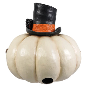 A white pumpkin-shaped birdhouse called mr gourdy pumpkin with a black top hat and orange band for halloween pumpkins and gourds