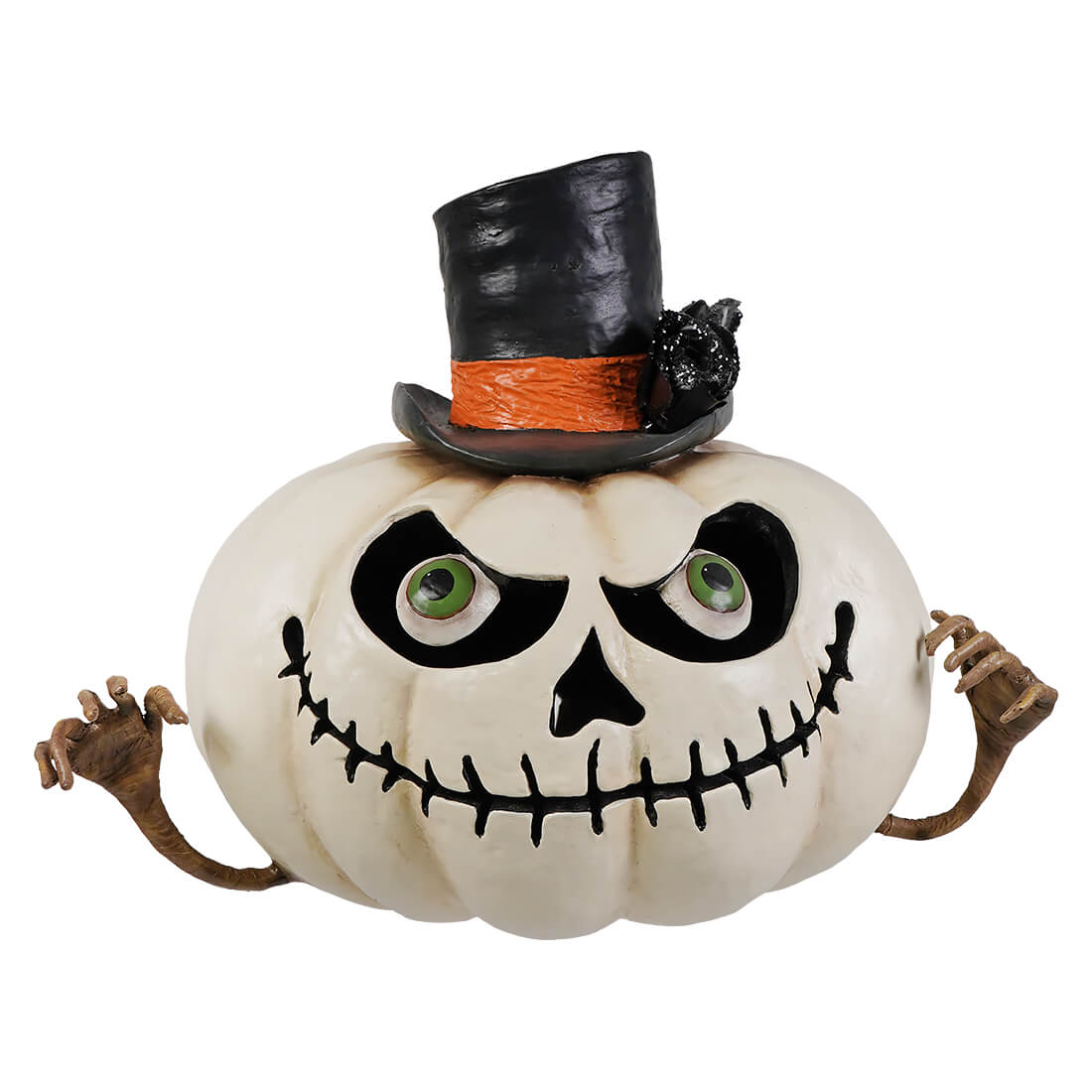 Mr gourdy pumpkin white halloween pumpkin figurine with green eyes black stitched face and brown skeletal hands