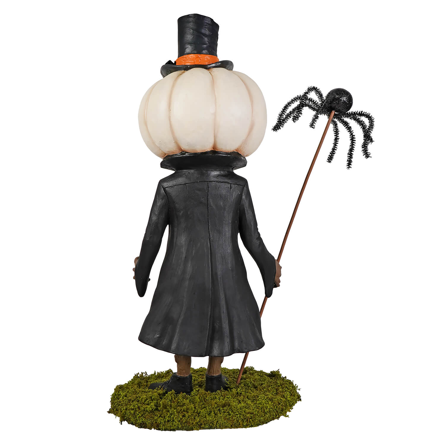 Mr gourdy’s night out halloween figural decor with white pumpkin head, black top hat, coat, and spider-topped stick