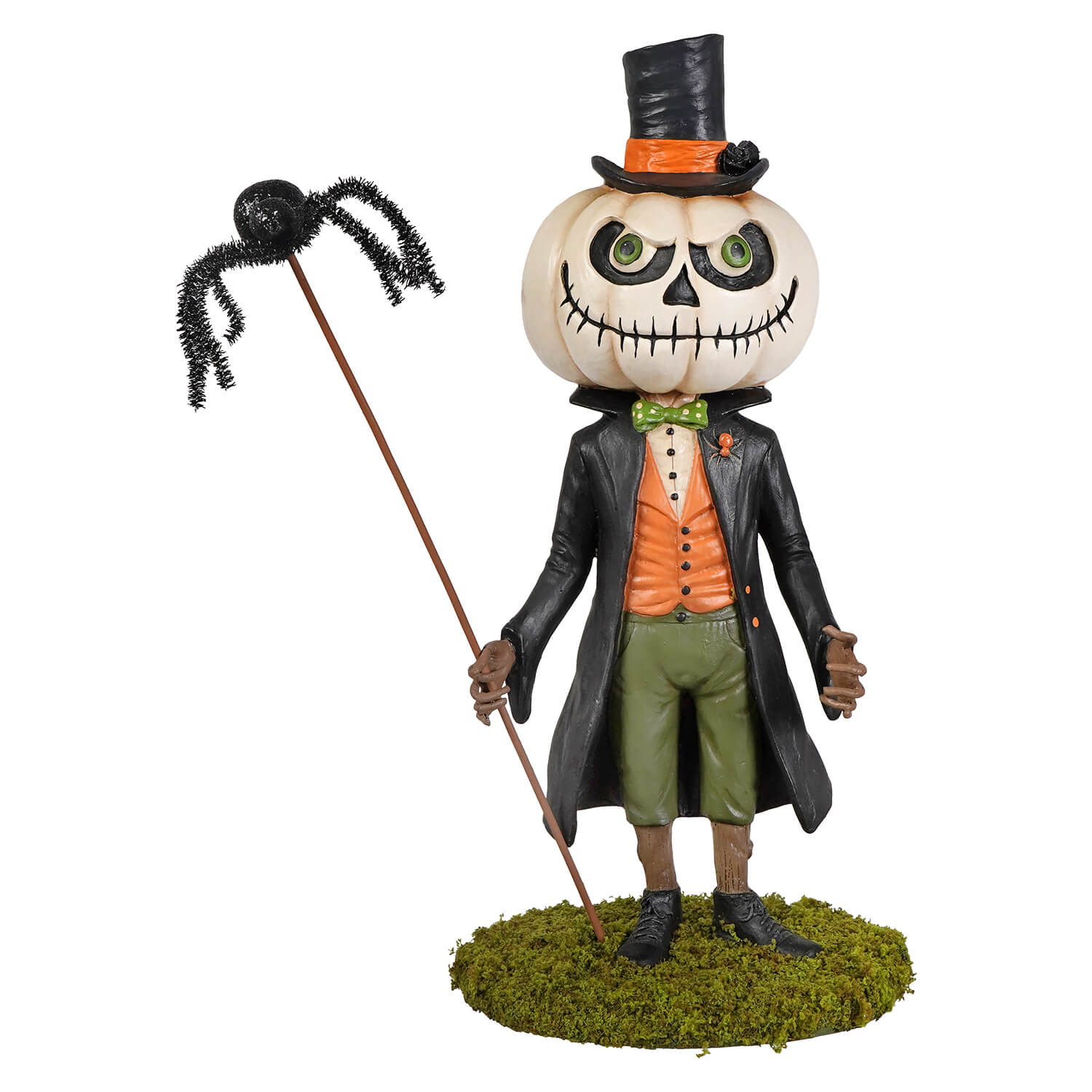 Mr gourdy’s night out is a halloween figural decor pumpkin man in a top hat holding a spider on a stick