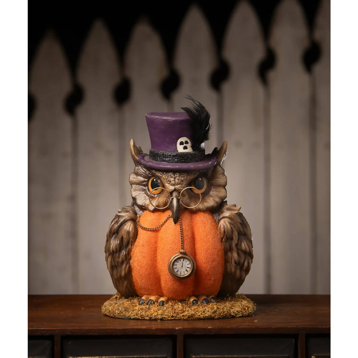 Whimsical bethany lowe 5-inch resin figure mr hootsworth owl with purple top hat holding pumpkin and pocket watch