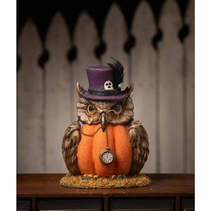 Whimsical bethany lowe 5-inch resin figure mr hootsworth owl with purple top hat holding pumpkin and pocket watch