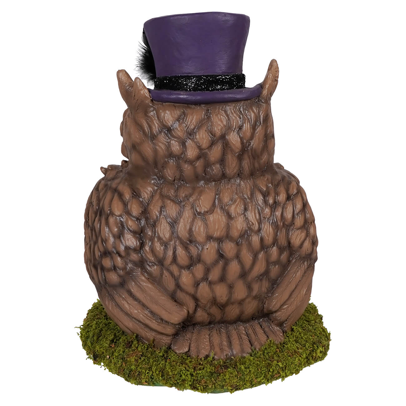 Brown owl figurine mr hootsworth by bethany lowe design wearing purple top hat on mossy base 5-inch resin figure