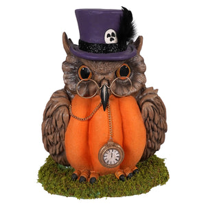 Mr hootsworth whimsical brown owl 5-inch resin figure by bethany lowe design wearing purple top hat holding pumpkin with pocket watch