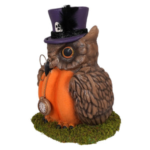 Brown owl figurine mr hootsworth wearing purple top hat holding pumpkin with pocket watch 5-inch resin figure bethany lowe