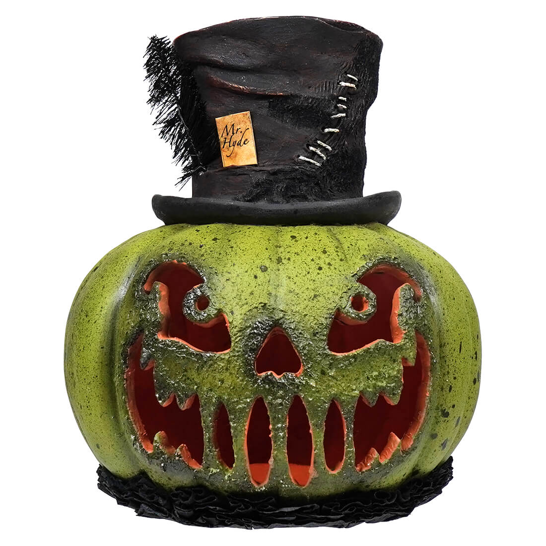 Mr hyde pumpkin by bethany lowe figural decor green textured pumpkin lantern with carved skull face and glowing red hat