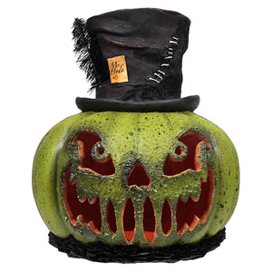Mr hyde pumpkin by bethany lowe figural decor green textured pumpkin lantern with carved skull face and glowing red hat