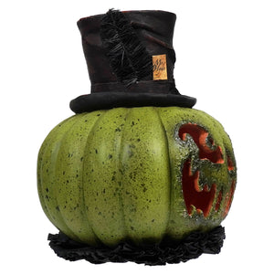 Mr hyde pumpkin by bethany lowe is a green speckled figural decor lantern with a carved face and black top hat with feathers
