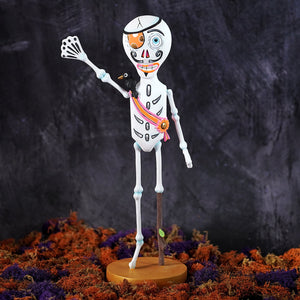 Mr jingle bones kook skeleton pirate figurine with colorful day of the dead face paint and black bird for halloween decorations