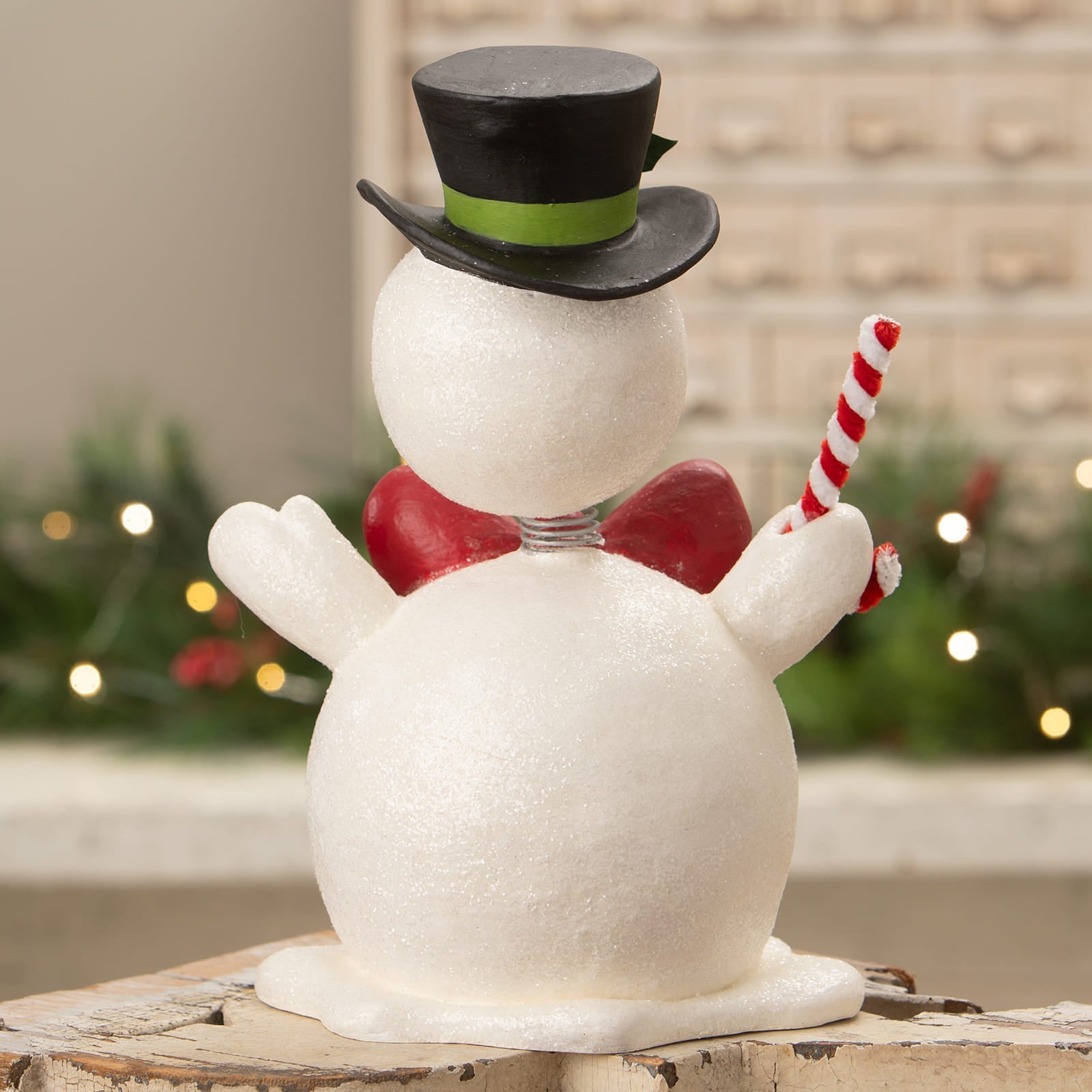 Mr jolly bobble head white glittery snowman figure with black top hat and candy cane by bethany lowe design christmas snowman figures decor