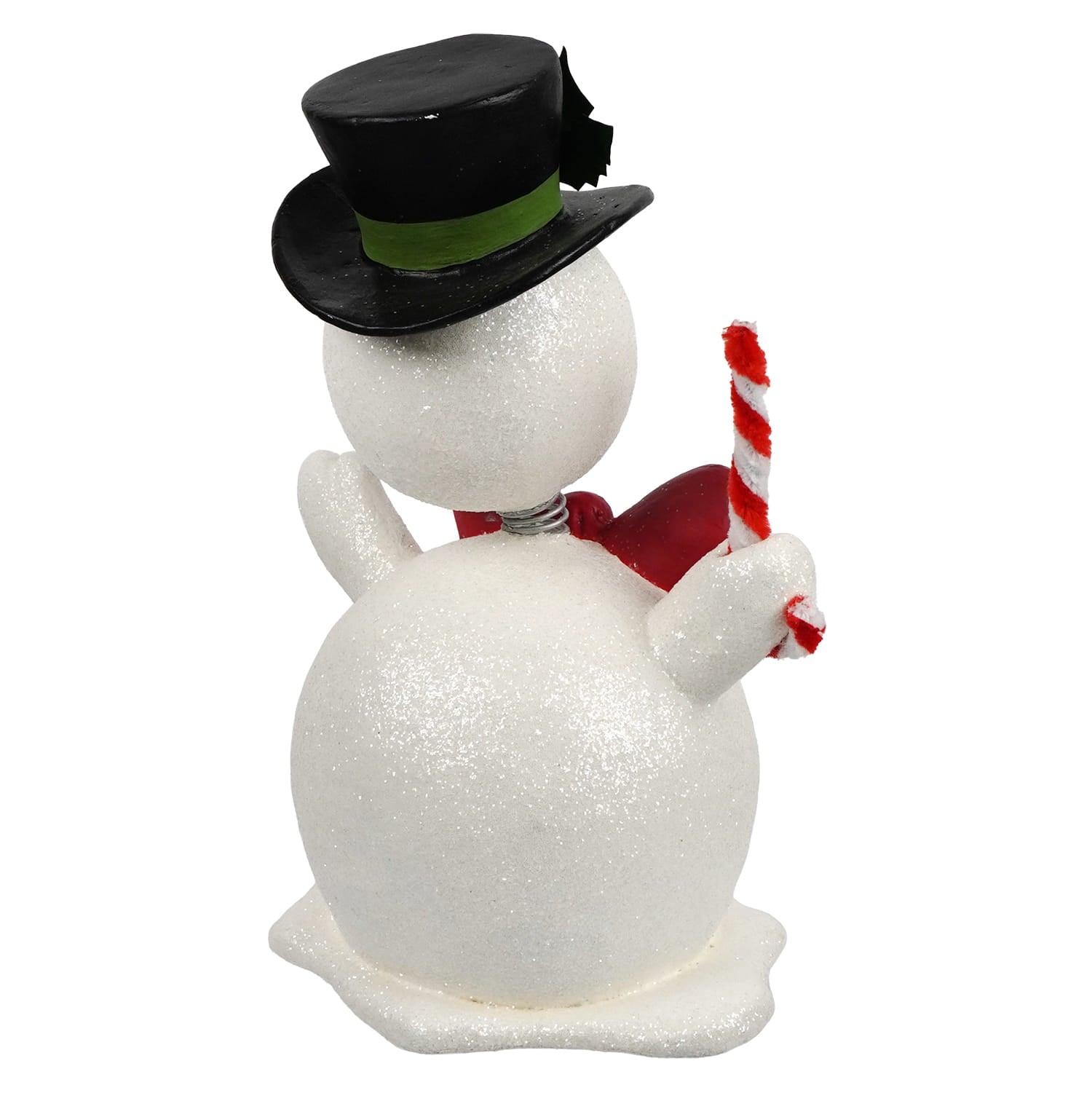 A festive bethany lowe design jolly bobble head white glittery snowman with black top hat holding candy cane christmas snowman figures & decor