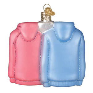 Pink and blue glass mr. & mrs. hoodies ornament shaped like glittery trimmed hooded sweatshirts couples ornament