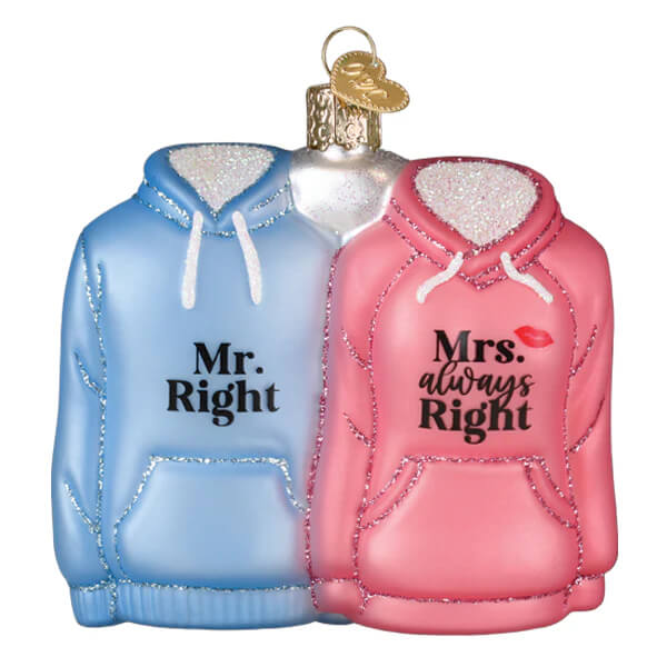 Mr and mrs hoodies ornament features a cute couple’s hoodie ornament perfect for holiday tree decoration