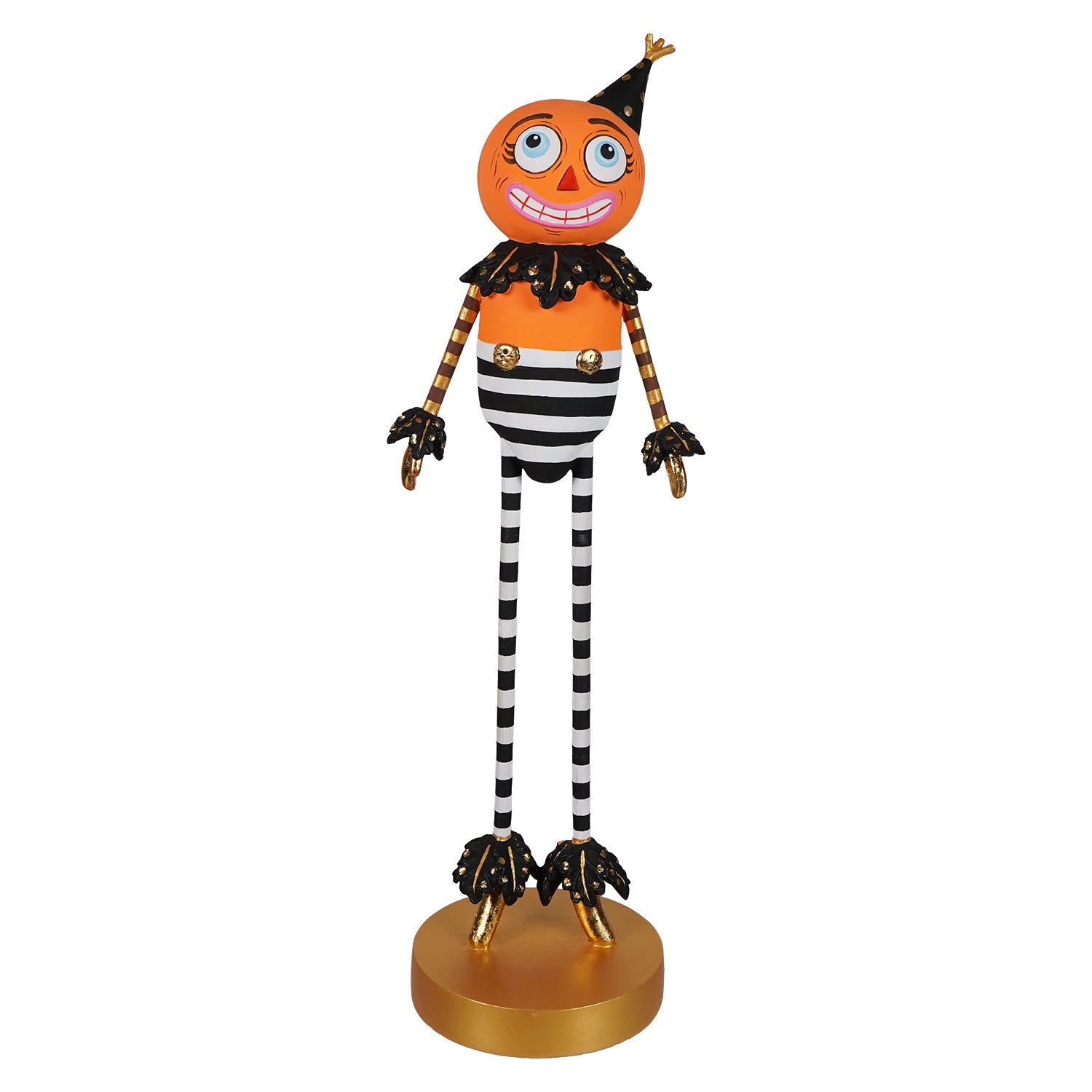 Whimsical halloween kook pumpkin man tabletop figure with pumpkin head and striped body for spooky decor