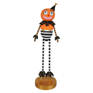 Whimsical halloween kook pumpkin man tabletop figure with pumpkin head and striped body for spooky decor