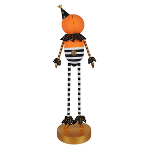 Orange kook pumpkin man figurine with black polka-dot party hat and striped legs for halloween pumpkins and gourds decor