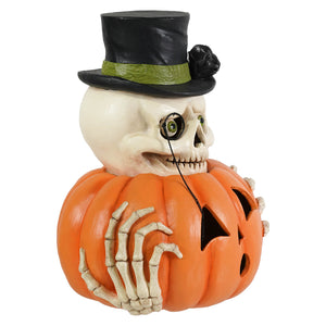 Mr skully whimsical skeleton decor figure with black top hat emerging from orange halloween pumpkins ornament