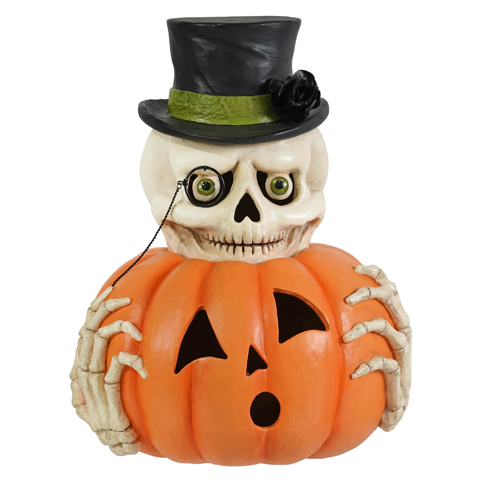 Mr skully halloween skeleton decor figure wearing black top hat with green band holding orange halloween pumpkin lantern