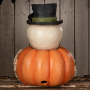 Mr skully halloween pumpkins planter shaped like a snowman with orange pumpkin base white skeletal hands and black top hat