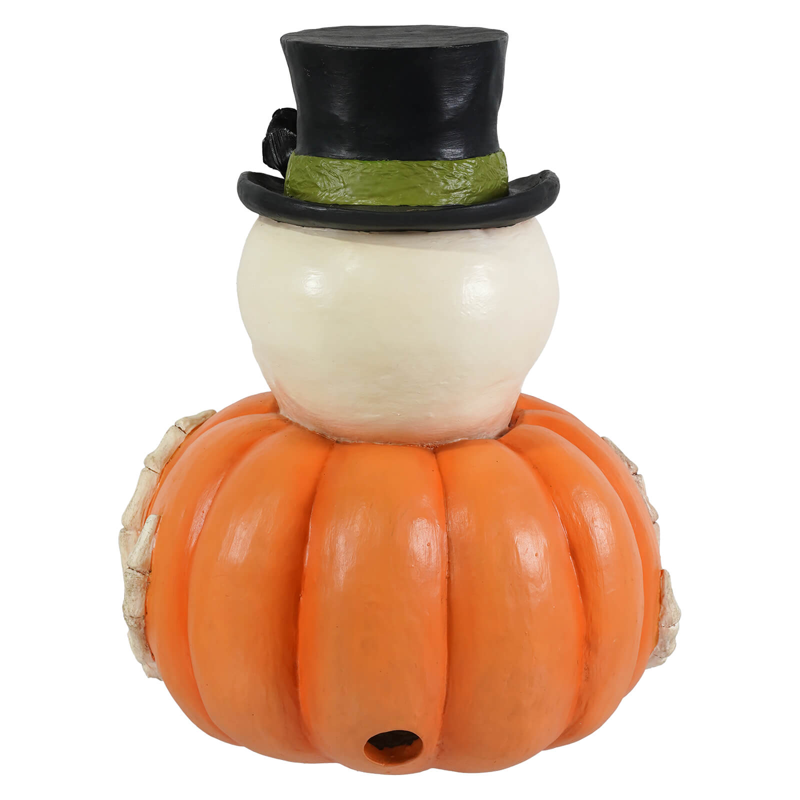 Mr skully skeleton decor figure with white snowman head and black top hat on an orange halloween pumpkin base